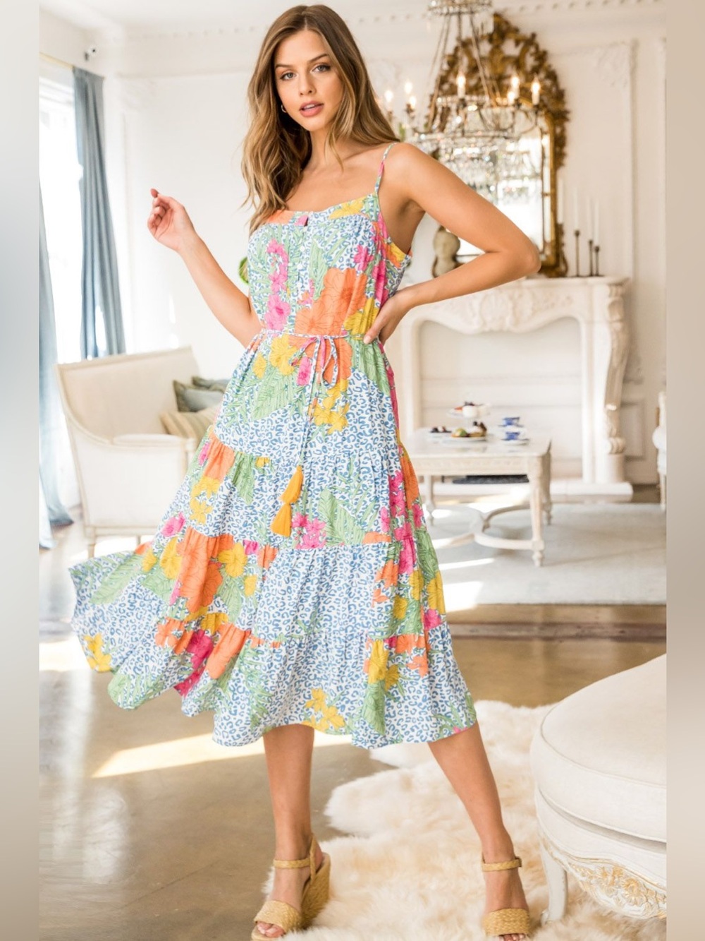 NWOT THML Leopard Floral Tiered Tassel Midi Dress Preppy KY Derby
